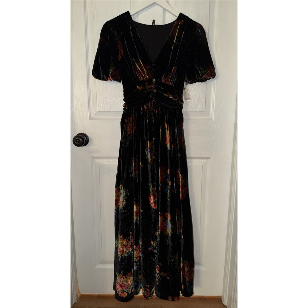 NEW Anthropologie Katerina Button Front Dress Velvet Floral Black Sz XXS Boho - Picture 2 of 10